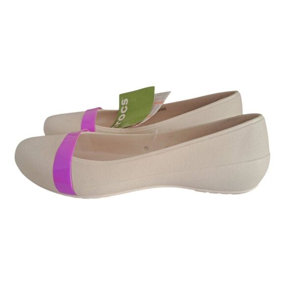 Crocs Brynn Flats Women's 10 Cap Toe Ballet Casual Off White Slip Violet Strip - Picture 4 of 8
